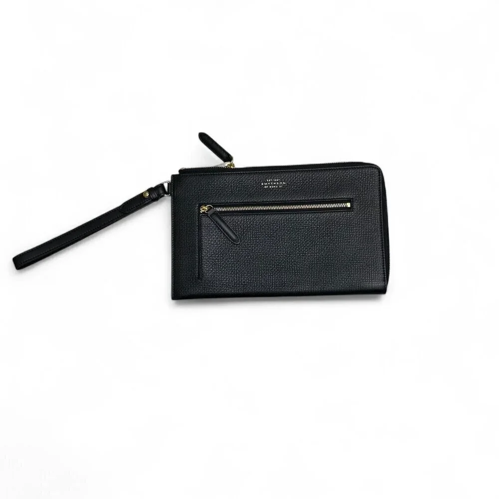 Smythson Men's Black Leather Panama Pochette Pouch, Wristlet - NWOT